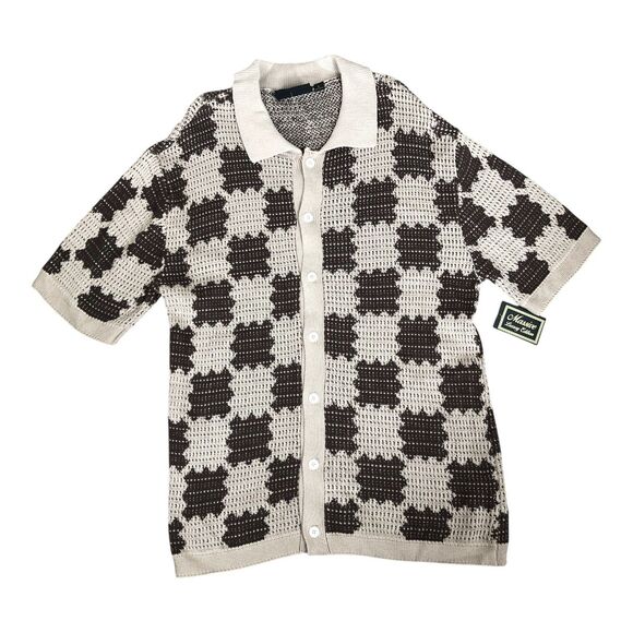 Massive Luxury Edition NWT Brown & Beige Knit Modern Button Up Casual Shirt Sz L - Picture 1 of 12